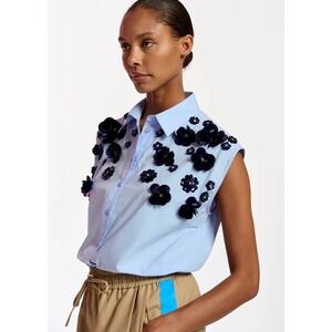 Essentiel Antwerp Sleeveless 3D Floral Embellished Shirt in Blue Size Small